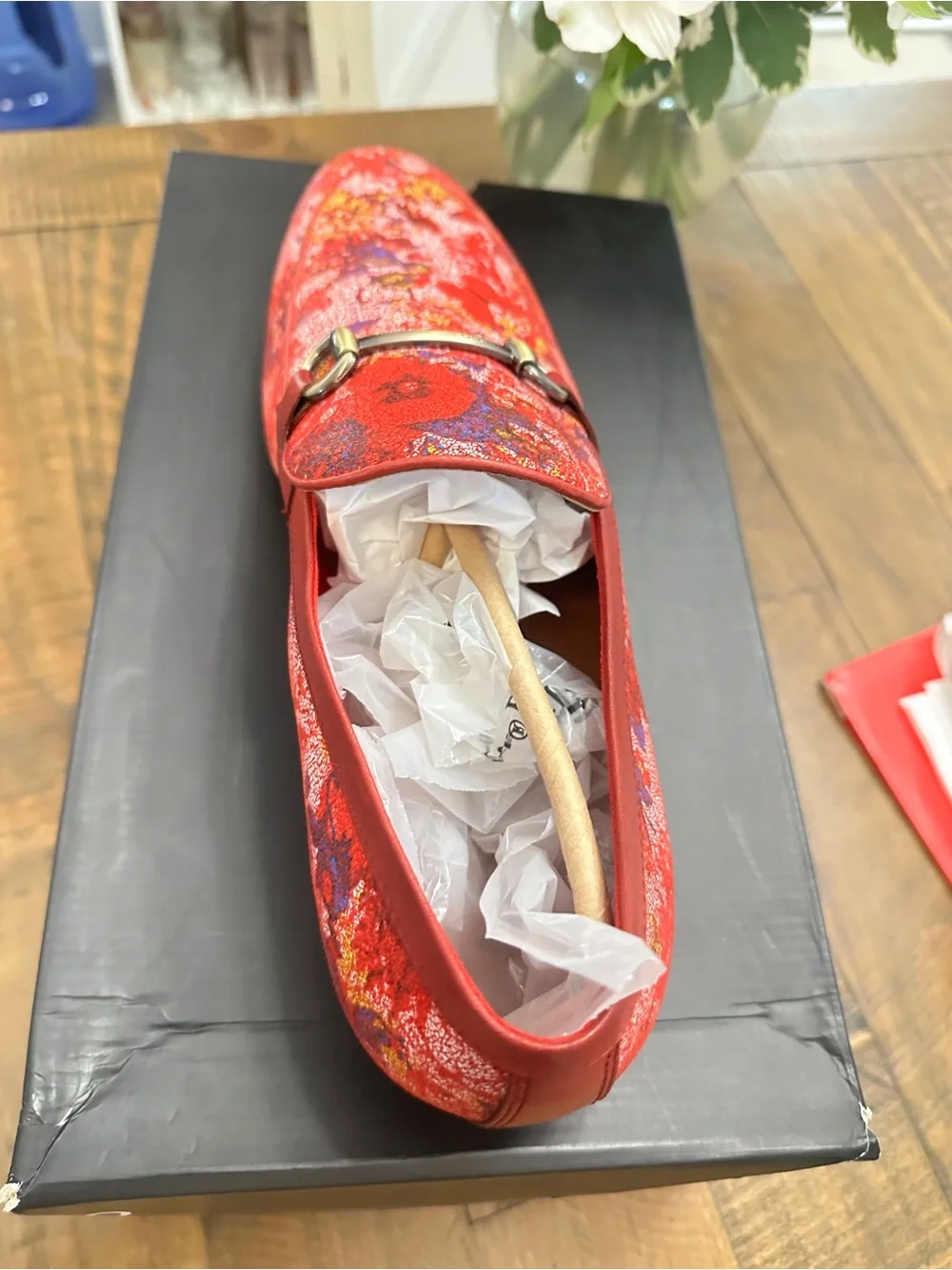 Aldo Red Floral Print Leather Bit Loafers